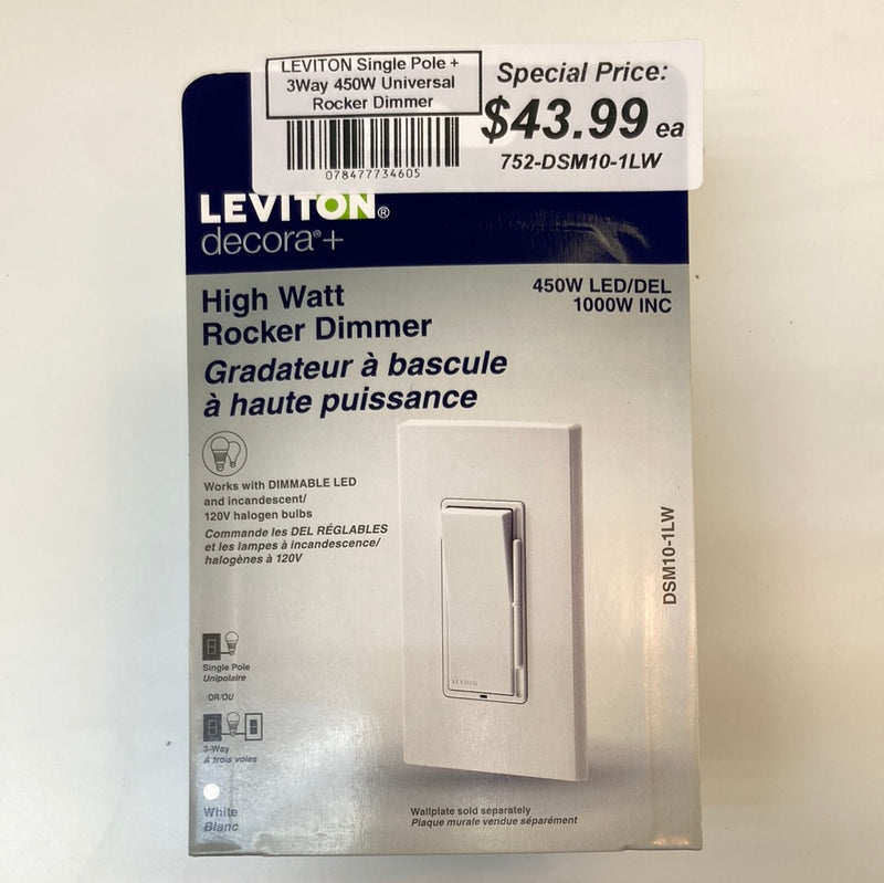 LEVITON DECORA Single Pole + 3Way LED 450W LED Universal High Watt Rocker Dimmer White