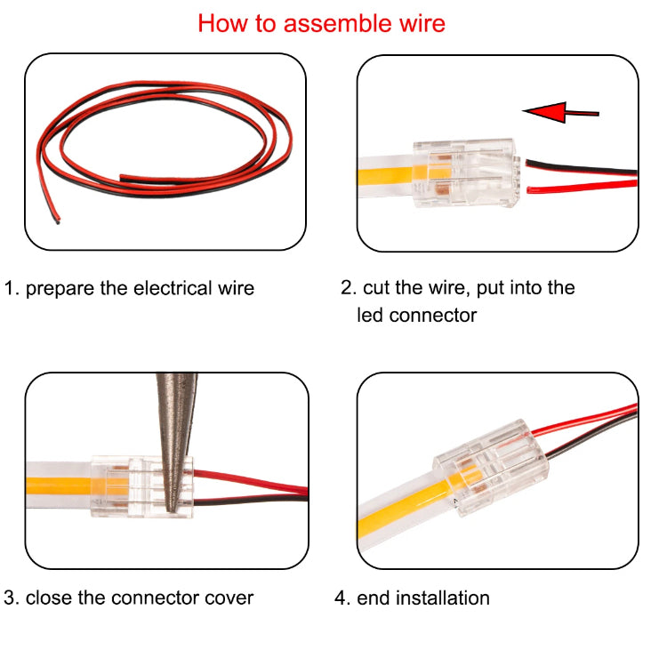 2 Pin 8mm Strip to Wire COB LED Strip Connector COB Tape Lights Extension Wire Fixed Clamp Clip