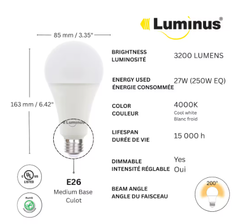 Luminus LED A23 250W Dimmable Cold White (4000K)
