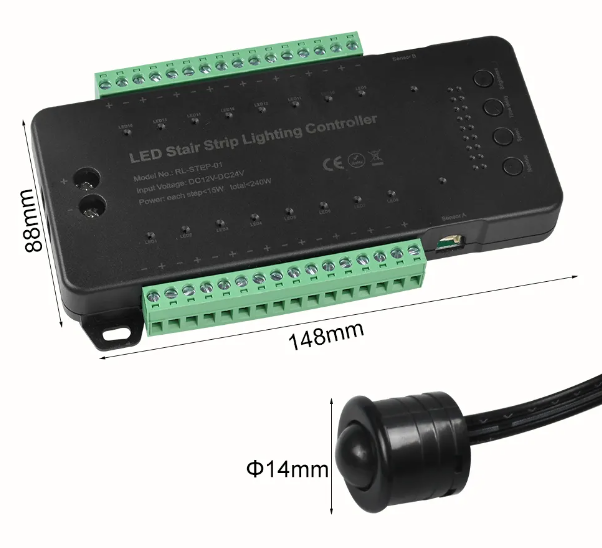 16 Steps LED Stair Lighting Controller with 2 PIR Sensors Black ā Ajax ...