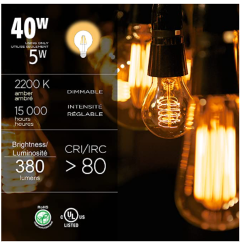 Luminus Vintage G40 LED Light Bulb 4.5W = 40W E26 Base 2200K Amber Dimmable 