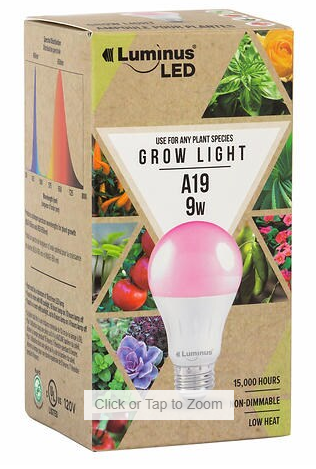 Luminus A19 LED Grow Light Bulb Pink 9W E26 Base Non-Dimmable PLH1001