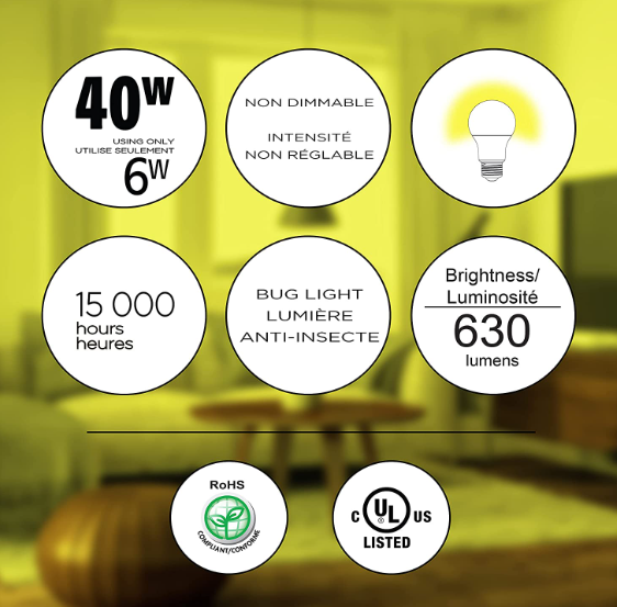 Luminus A19 LED Bug Light Bulb Yellow 9W = 60W E26 Base Non-Dimmable