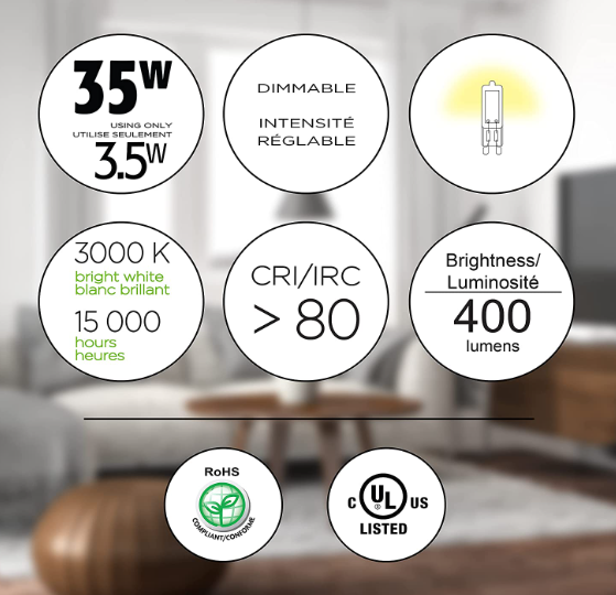 Luminus LED Light Bulb G9 3.5W = 35W 3000K Warm White Non-Dimmable