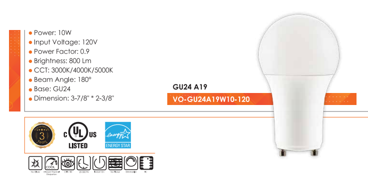 VO A19 LED Light Bulb 10W = 60W Base-GU24 5000K Cool White Daylight Dimmable