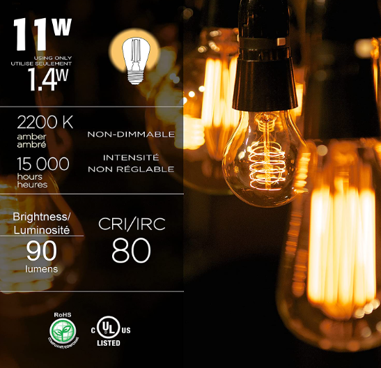 Luminus Vintage S14 LED Light Bulb 1.2W = 11W E12 Base 2200K Amber Non-Dimmable PLFV902