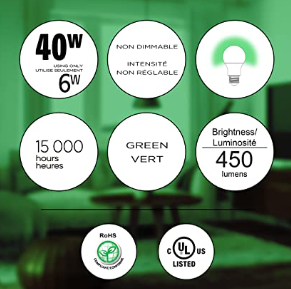 Luminus A19 LED Light Bulb Coloured Green 6W = 40W E26 Base Non-Dimmable