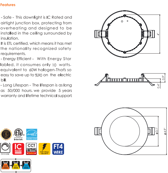 VO 4" LED Slim Flat Panel Fixture Ceiling Pot Light 10W 3CCT Dimmable Round White with Junction Box