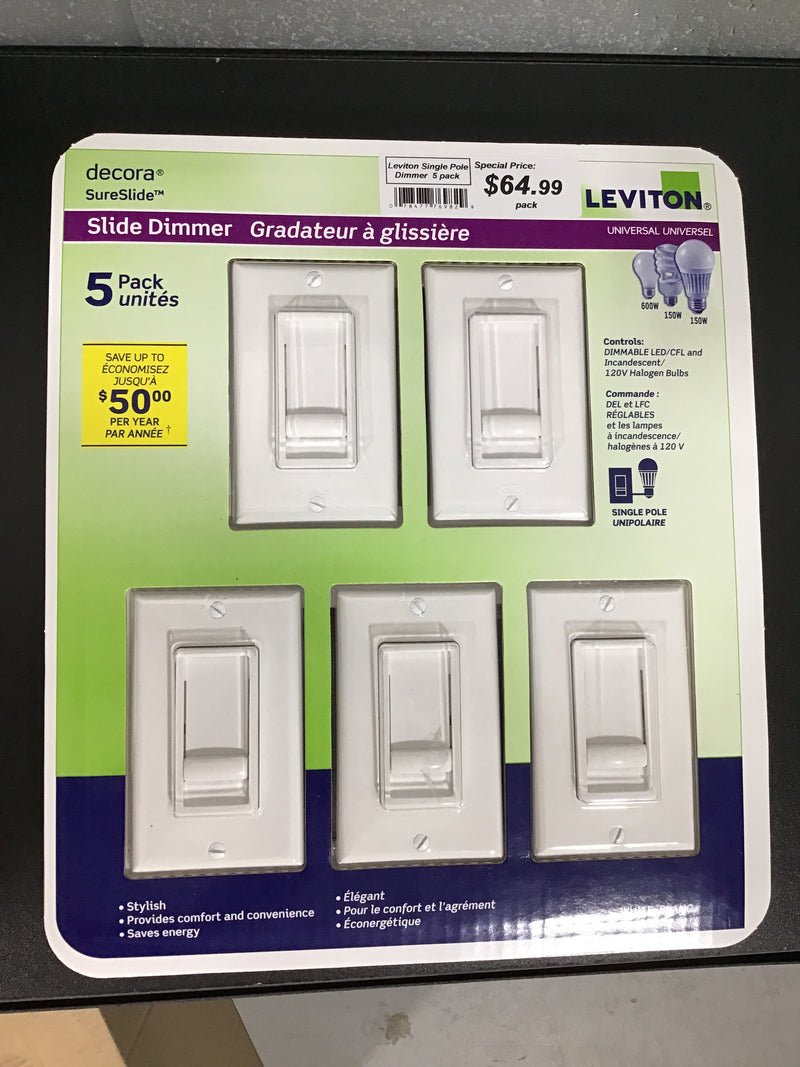 Leviton Decora Single Pole Universal Slide Dimmer 5pcs Per Pack