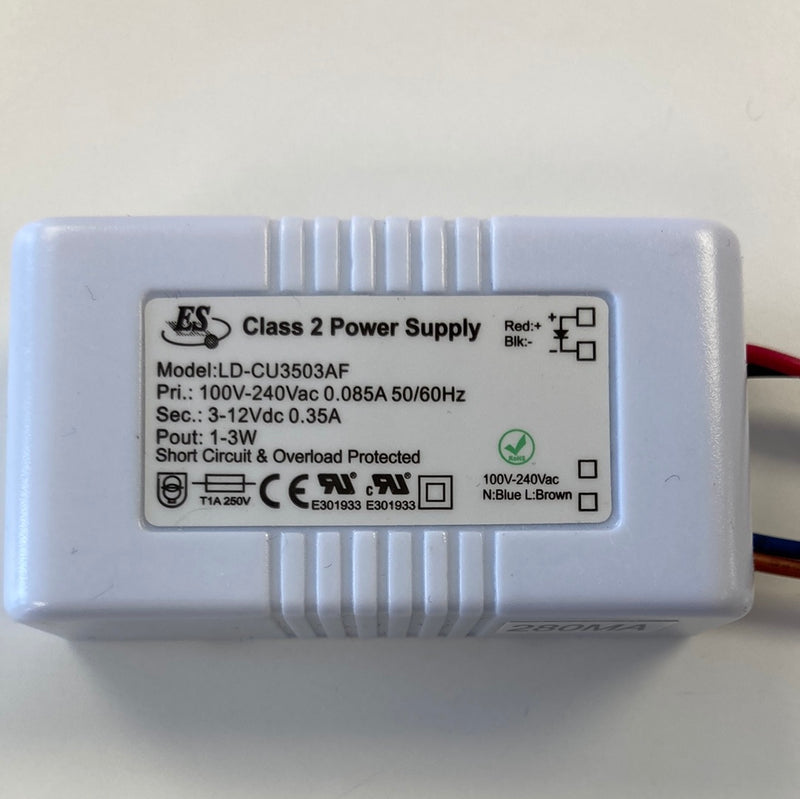 Class2 Power Supply 100-240VAC 0.085A 50/60Hz 3-12VDC 0.35A 1-3W White