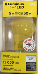 Luminus A19 LED Bug Light Bulb Yellow 9W = 60W E26 Base Non-Dimmable