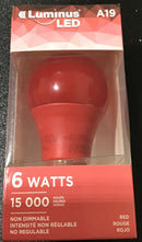 Luminus LED Light Bulb A19 Red 6W = 40W E26 Base Non-Dimmable