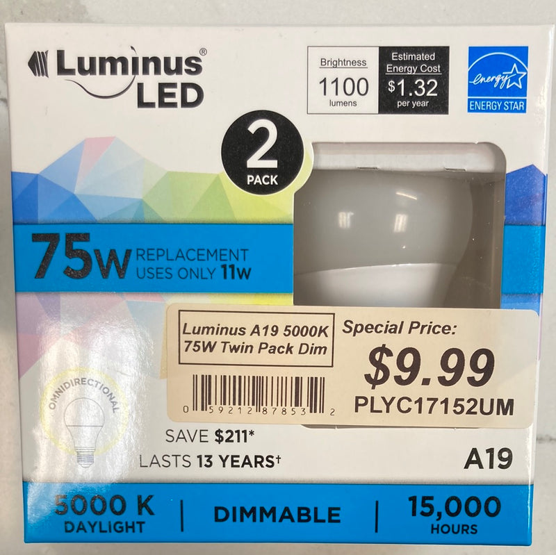 Luminus A19 LED Light Bulb 11W = 75W Base-E26 5000K Daylight Cool White Dimmable Twin Pack