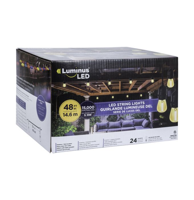 Luminus 48FT 14.6M LED Outdoor Vintage String Lights with Light Bulbs Included 24 Sockets 2200K Amber Dimmable 